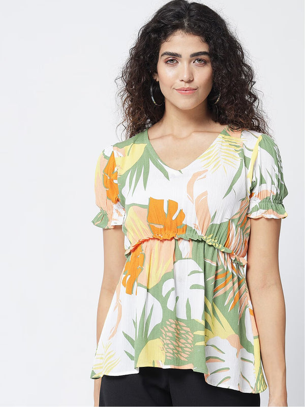 Tropical Print Peplum Top for Casual Chic Comfort - ShopeClub