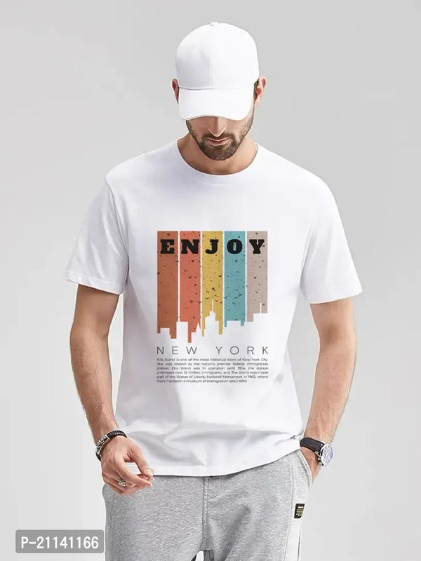 DIY FIT Men's Pure Polyester Round Neck Half Sleeves Digital Printed T-Shirts- White - ShopeClub