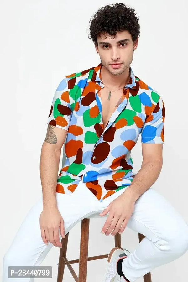 Trendy Multicoloured Polyester Spandex Short Sleeves Printed Casual Shirt For Men