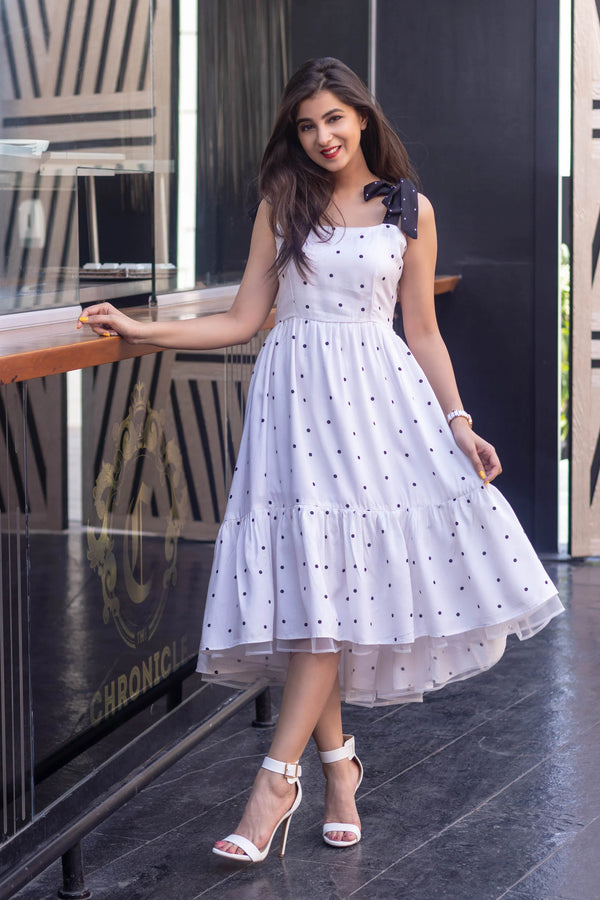 White Polka Dot Sleeveless Dress: Chic Rayon & Net Blend, Flared Hem, Summer Ready - ShopeClub