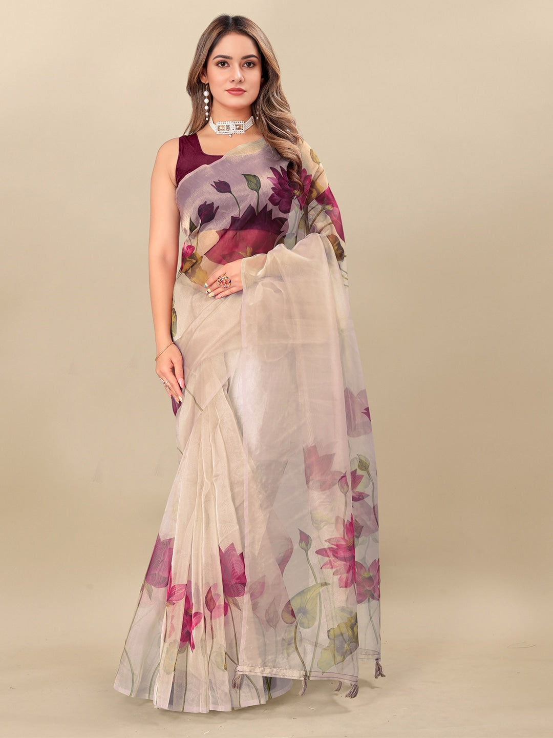 Floral Printed Bollywood Organza Saree - Beige - ShopeClub