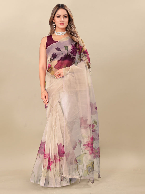 Floral Printed Bollywood Organza Saree - Beige - ShopeClub