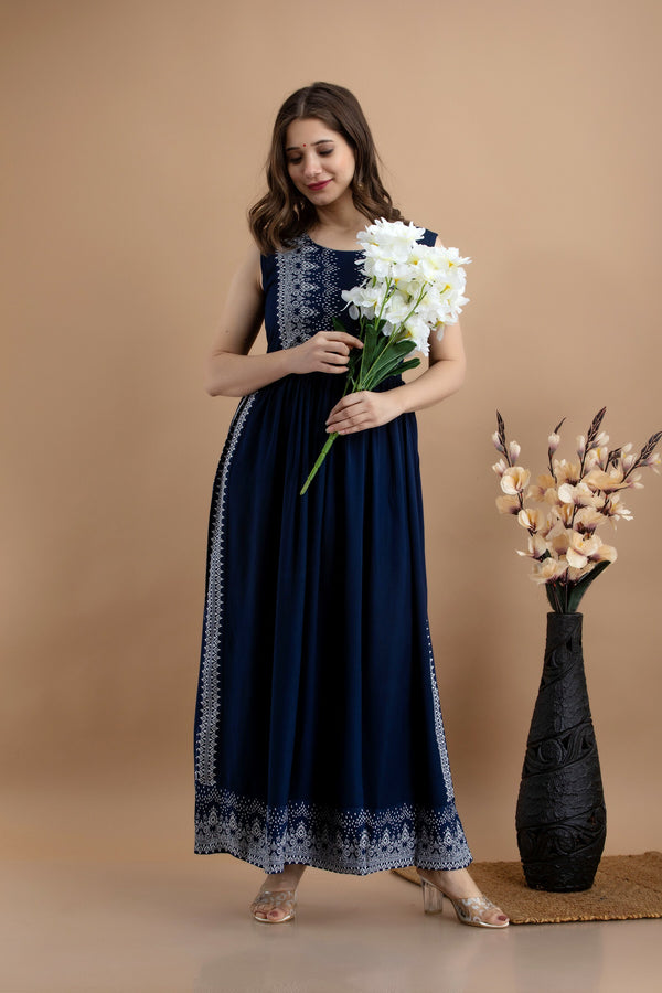 Elegant Flared Navy Blue Printed Rayon Kurta For Women - ShopeClub