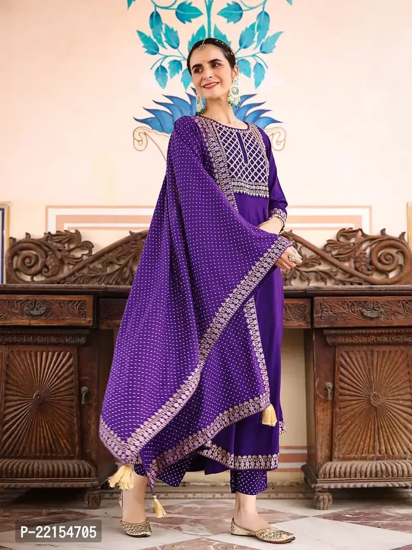 Anarkali Purple Embroidered Rayon Kurta - ShopeClub