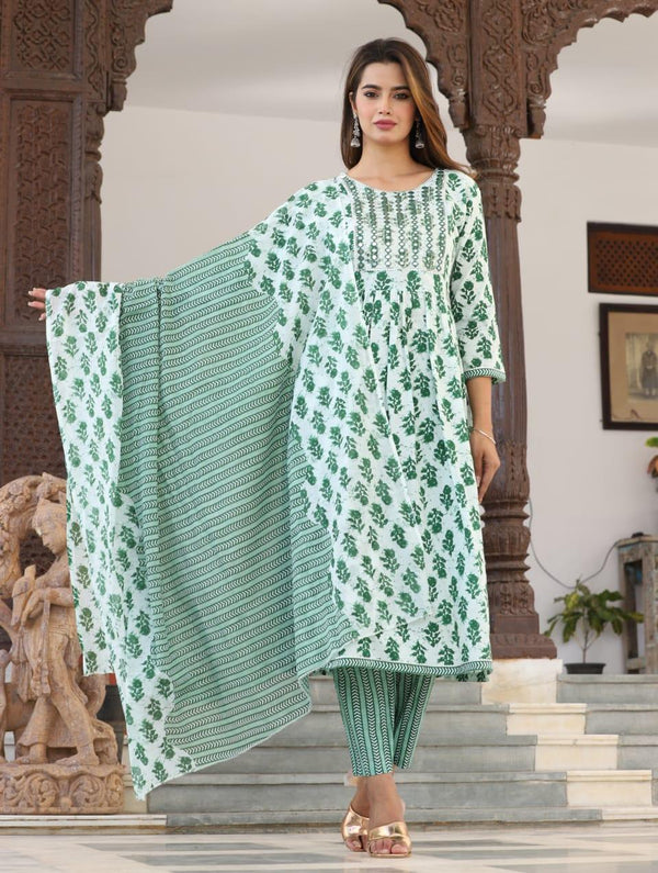 Beautiful cotton Fabric mirror embroidery work nayra Cut kurti, Pant With Dupatta - ShopeClub