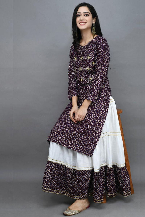 Stylish Rayon Printed Round Neck 3/4 Sleeves Kurta With Sharara Set For Women - ShopeClub
