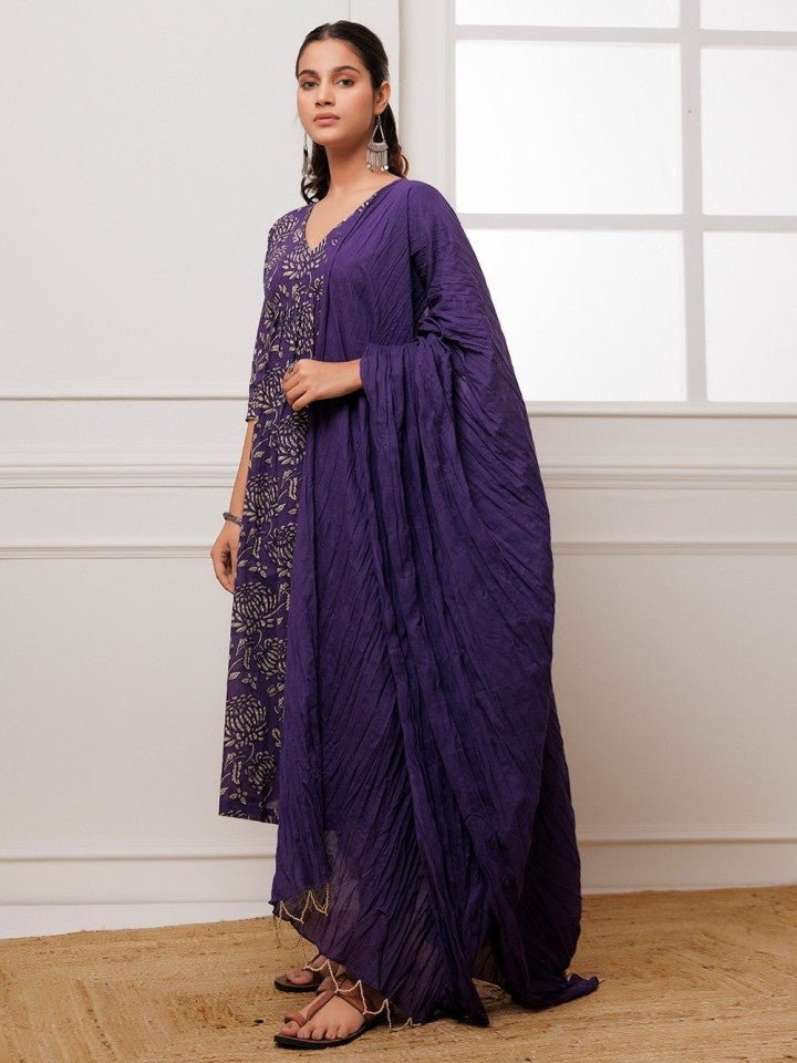 Anarkali Purple Printed Cotton Blend Kurta, Bottom and Dupatta Set For Women - ShopeClub