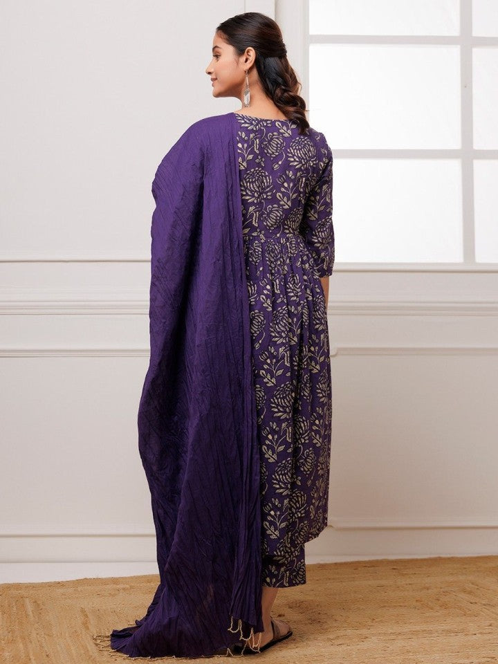 Anarkali Purple Printed Cotton Blend Kurta, Bottom and Dupatta Set For Women - ShopeClub