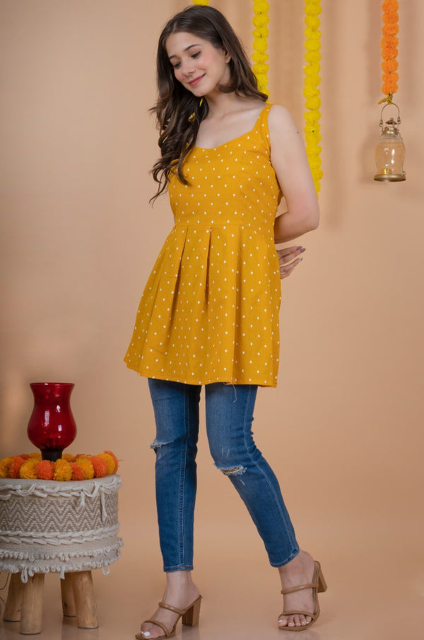 Regular Fit Cotton Printed Flared Top for Women - Yellow - ShopeClub