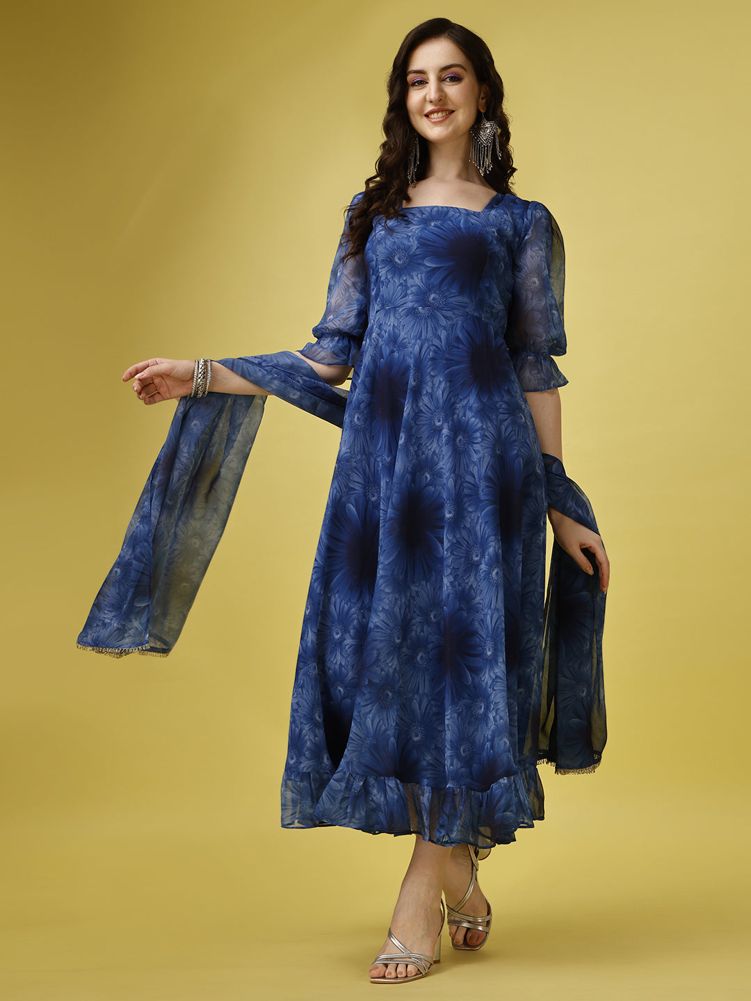 Floral Print Fit and Flare Dress with Dupatta - ShopeClub