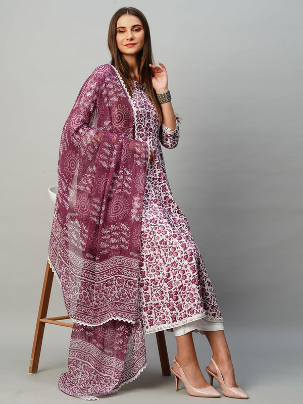 Women's Cotton Blend Anarkali Printed Kurta With Trouser & Dupatta - ShopeClub