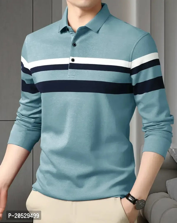 EYEBOGLER Mens Regular Fit Cotton Blend Polo Neck Full Sleeve Printed Tshirt - ShopeClub