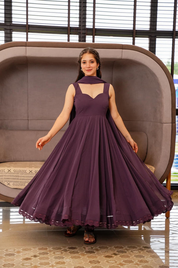 Regal Purple Georgette Kurta Set with Lace Detailing - ShopeClub