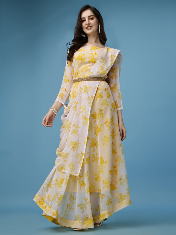 Georgette Stitched A-line Yellow Dress For Women - ShopeClub