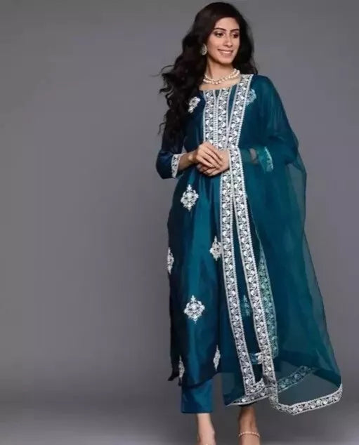 New Embroidered Blue Indian Salwar Kameez Pant Suit Designer Festive Kurti Kurta - ShopeClub
