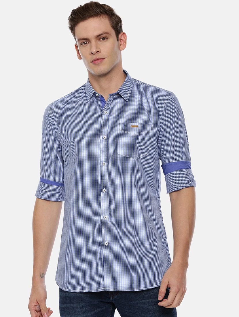 Stylish Cotton Blue Checked Long Sleeves Casual Shirt For Men - ShopeClub